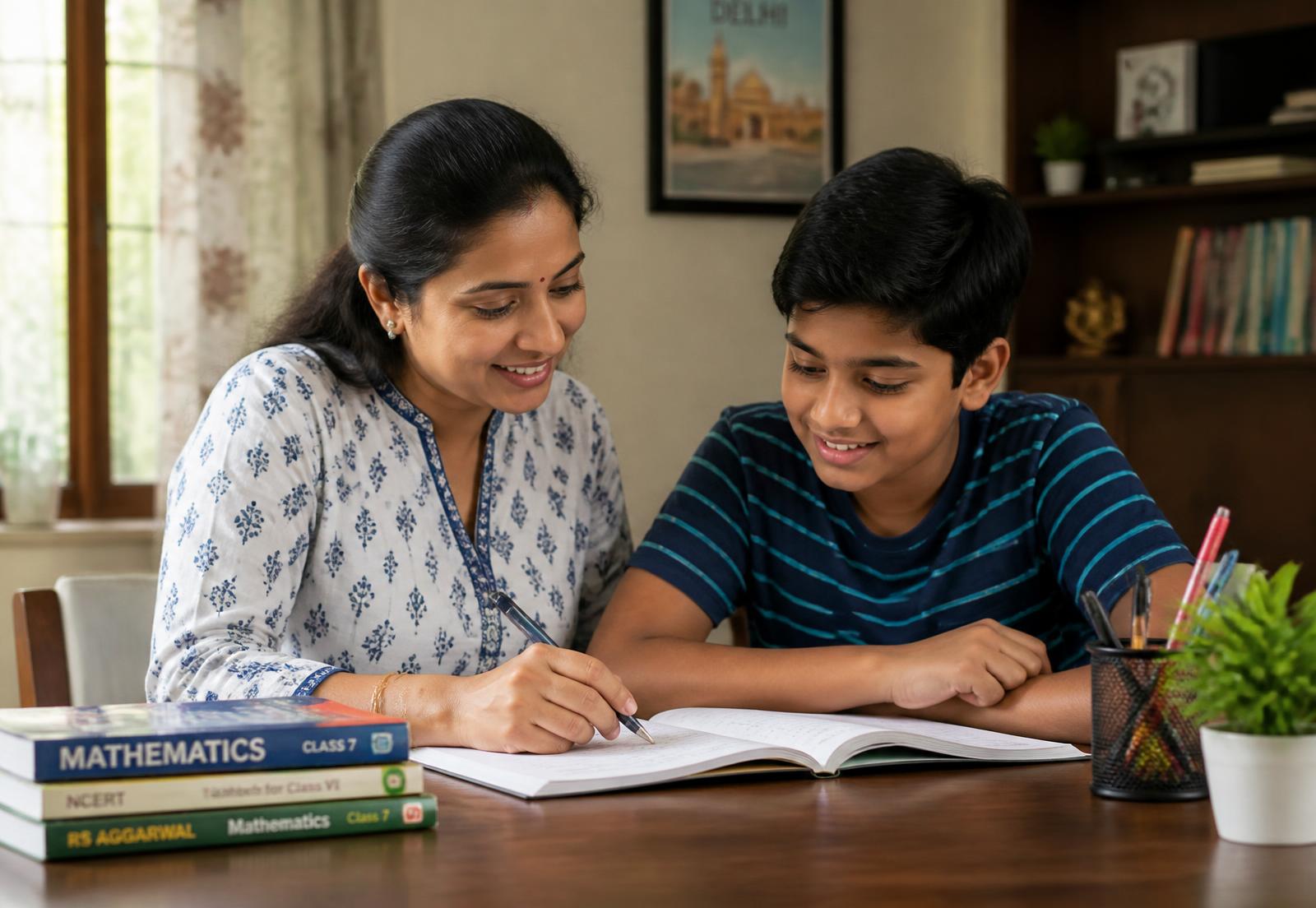 Home tutor teaching a school student at a study desk in Dwarka, New Delhi